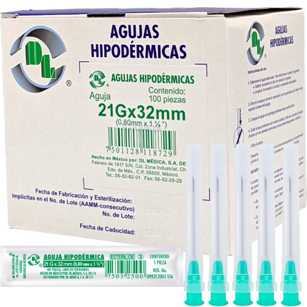 Aguja Hipodérmica DL calibre 21Gx32mm. Envase con 100 piezas.