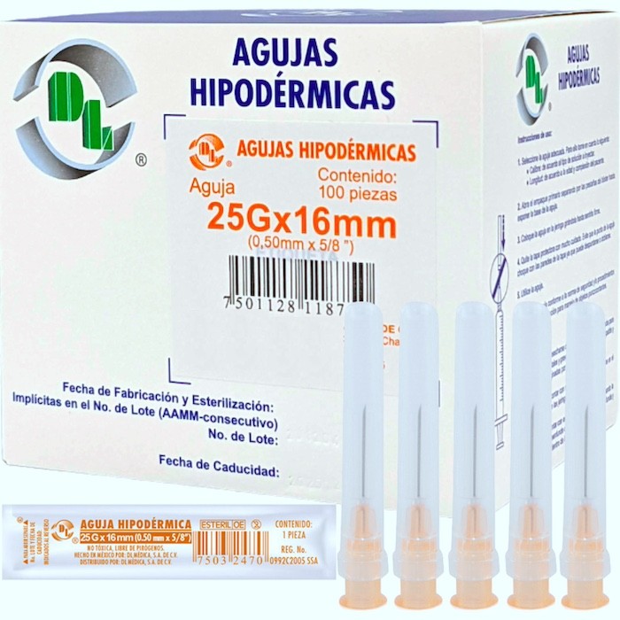 Aguja Hipodérmica DL calibre 25Gx16mm. Envase con 100 piezas.