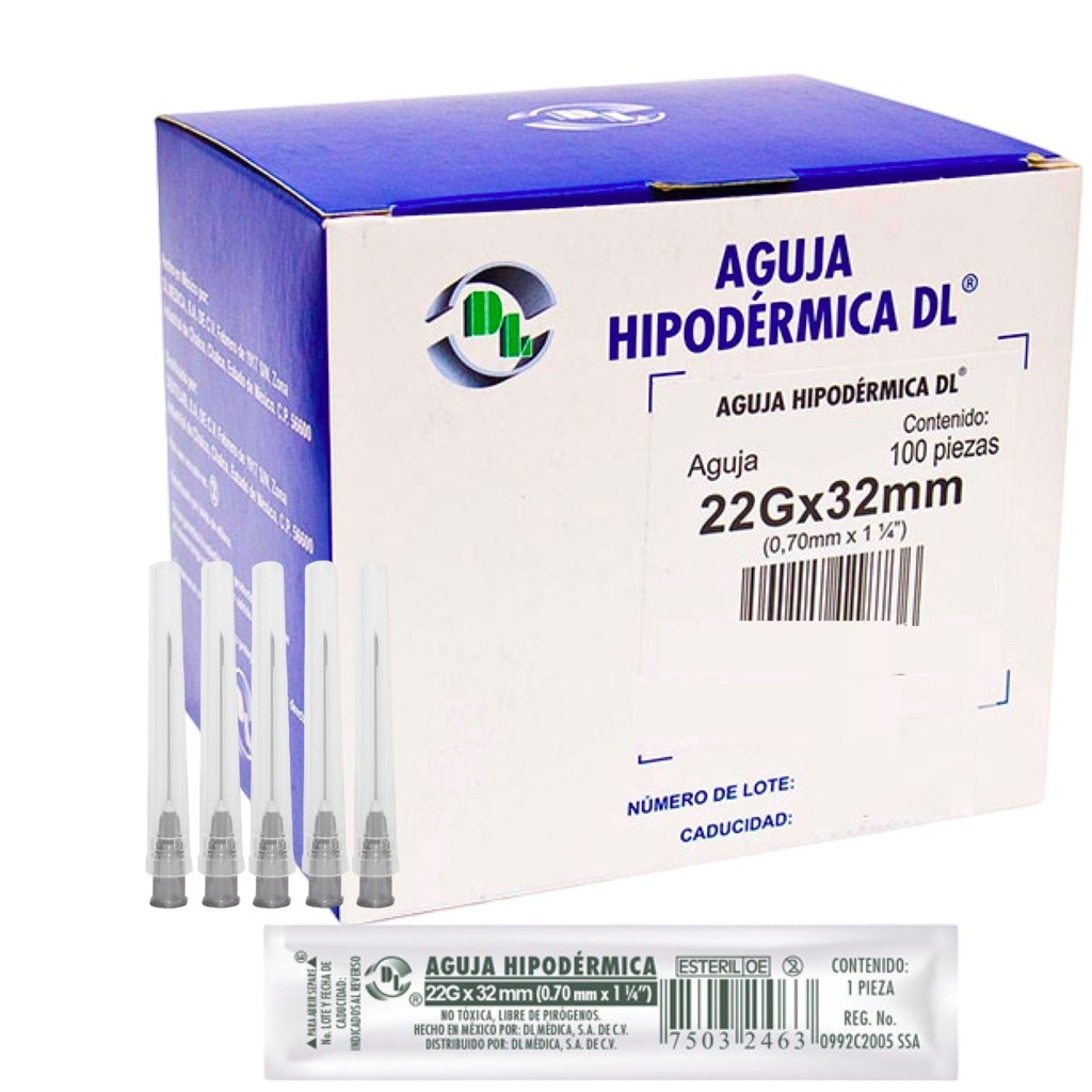 Aguja Hipodérmica DL calibre 22Gx32mm. Envase con 100 piezas.