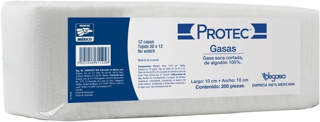 Gasas seca cortada de algodón 100% 12 capas no estéril 10cm x 10 cm.  Envase con 200.