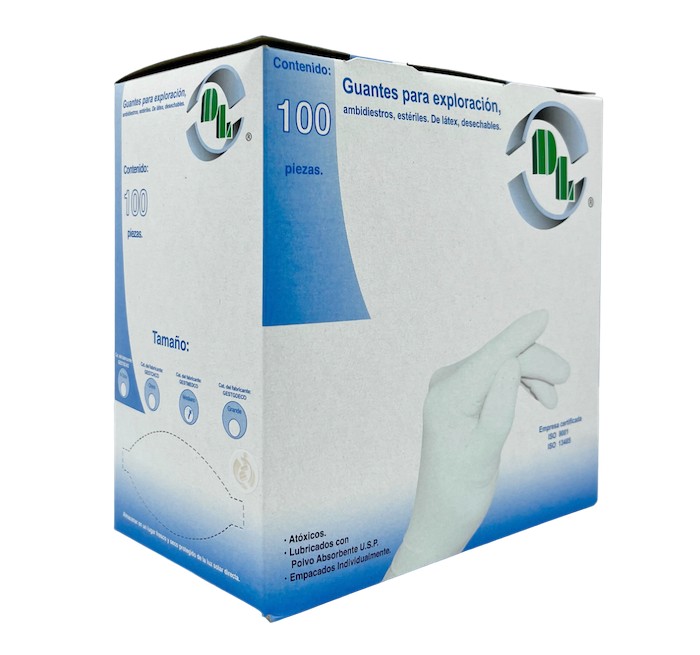 Guantes de látex para exploración, ambidiestro estériles, mediano. Caja con 100 piezas.