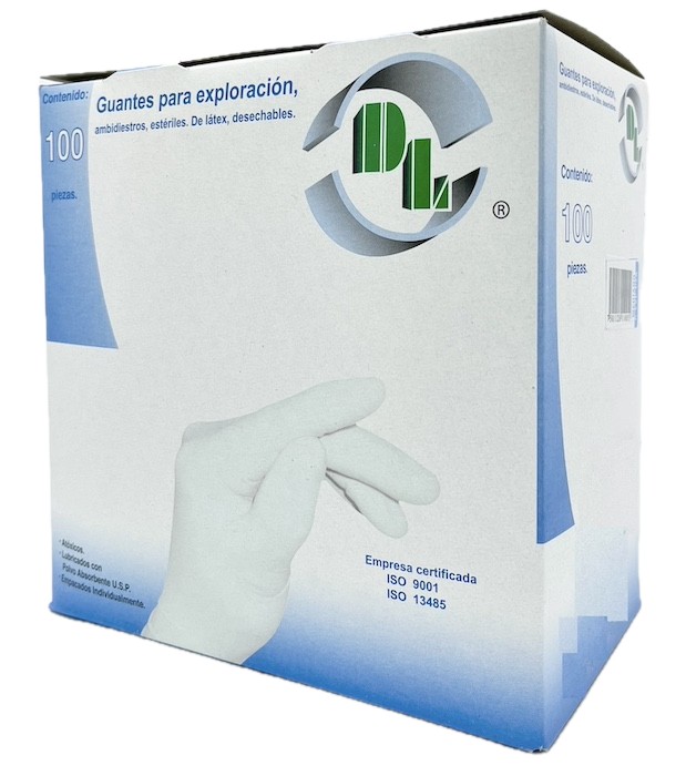 Guantes de látex para exploración, ambidiestro estériles, grande. Caja con 100 piezas.