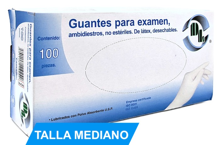 Guantes para exploración no estériles de látex Mediano. Caja con 200 piezas.