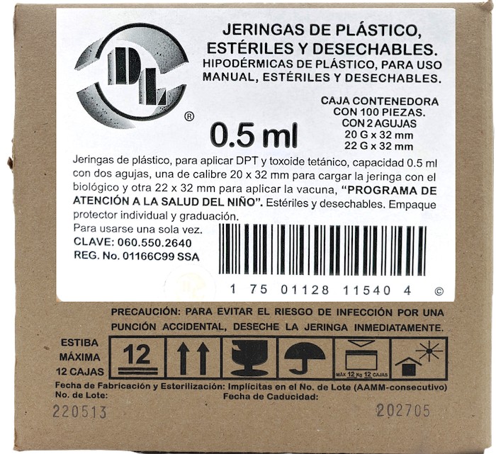 Jeringas de plástico para aplicar DPT 0.5 ml con dos agujas. Caja con 100 piezas