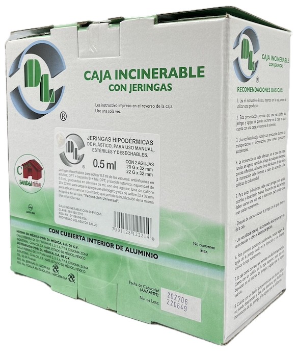 Jeringa desechable para aplicar 0.5 ml. de vacuna anti-influenza. Caja incinerable con 50 piezas. Caja con 50 Piezas.