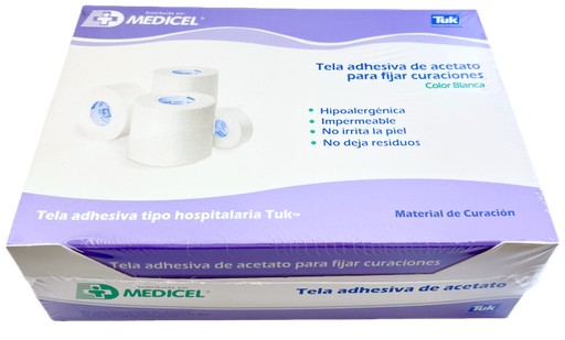 Telas adhesivas de acetato medidas 7.5 cm x 10 mts. caja con 4 piezas.