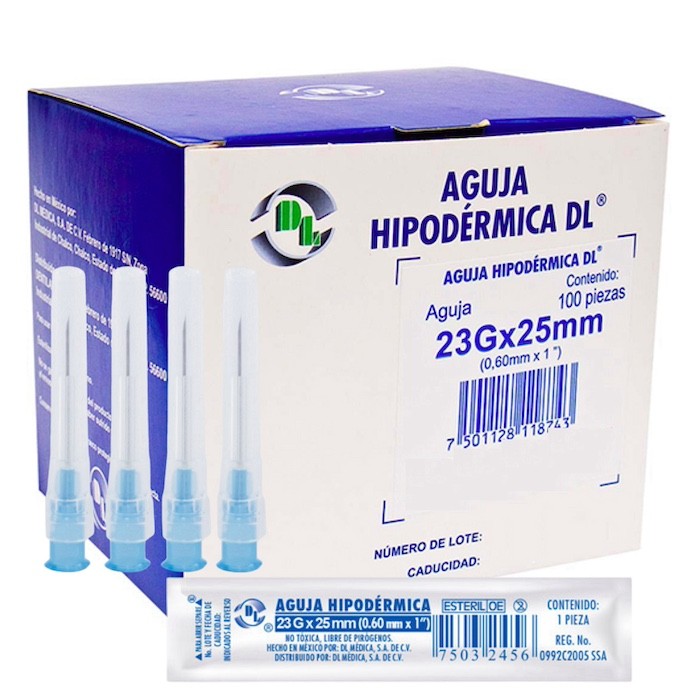 Aguja Hipodérmica DL calibre 23Gx25mm. Envase con 100 piezas.