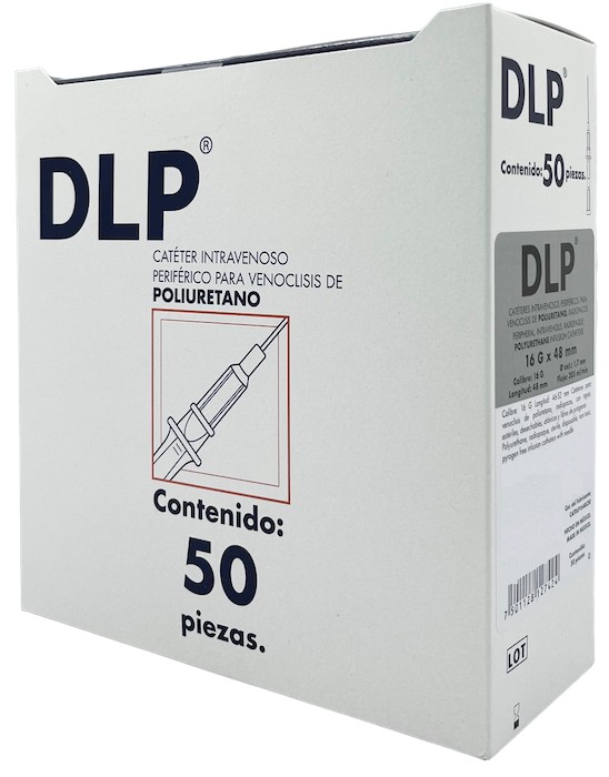 Catéter para venoclisis de Fluoropolímeros Radiopaco Longitud: 46-52 mm Calibre: 16 G. Envase con 50 piezas. DLP