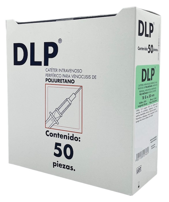 Catéter para venoclisis de Fluoropolímeros Radiopaco Longitud: 28-34 mm Calibre: 18 G. Envase con 50 piezas. DLP