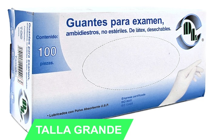 Guantes de látex no estériles para exámen médico. Tamaño Grande. Caja con 100 piezas.