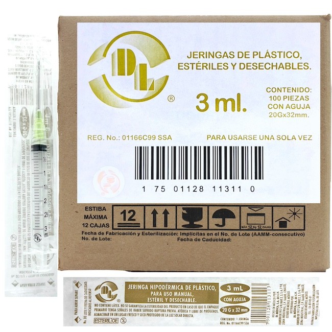 Jeringas de plástico 3 ml con aguja calibre 20 G x 32mm. Caja con 100 piezas.