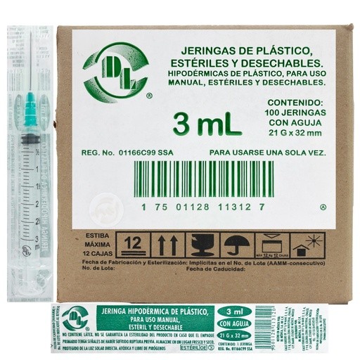 Jeringas de plástico 3 ml con aguja calibre 21 G x 32mm. Caja con 100 piezas.