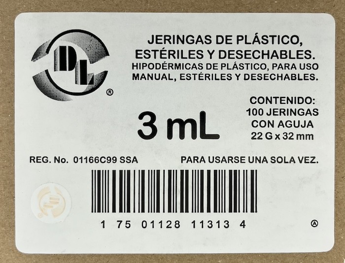 Jeringas de plástico 3 ml con aguja calibre 22 G x 32mm. Caja con 100 piezas.