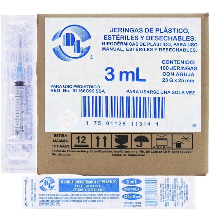 Jeringas de plástico 3 ml con aguja calibre 23 G x 25mm. Caja con 100 piezas.
