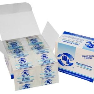 Toallas alcoholadas con alcohol isopropílico al 70%. Caja con 100