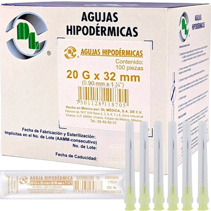 Aguja Hipodérmica DL calibre 20Gx32mm. Envase con 100 piezas.