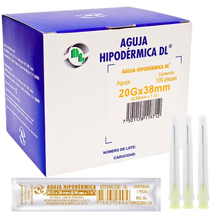 Aguja Hipodérmica DL calibre 20Gx38mm. Envase con 100 piezas.